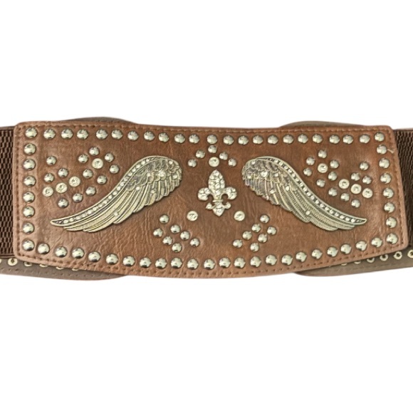 Brown Faux Leather Studded Belt with Silver Buckle - Picture 3 of 3